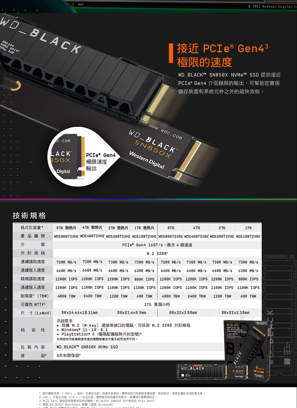 HELP_ GE  SDWESTERN  BLACK  Wetern Digital 接近 ® Gen43極限的速度_BLACKT  NVMe™ SSD 提供接近PCIe® Gen4 介面極限的輸出可幫助您實現儲存裝置和系統件之外的超快效能wwwwdccomWD_BLACKLACKPCIeGen4極限速度輸出Wetern DigitalDigital.技術規格格式化容量*產品編號介面8TB 散熱片 4TB 散熱片 2TB 散熱片 TB 散熱片WDS800T2XHE WDS400T2XHE WDS200T2XHE WDS100T2XHE    8TB4TB2TBPCIe* Gen4 16GT/,最多4個通道外形規格M.2 速度7200 /7300 MB/7300 MB/連續寫入速度6 MB/6600 MB/6600 MB/7300 MB/6300 MB/7200 MB/6600 MB/7300 MB/7300 MB/ 7300 MB/6600 MB/s 6600 MB/s 6300 MB/s隨機讀取速度連續寫入速度 IOPS  IOPS  IOPS  IOPS  IOPS  IOPS  IOPS 800K IOPSK IOPS  IOPS  IOPS 1100K IOPS 1200K IOPS 1100K IOPS 1100K IOPS 1100K IOPS耐寫度 TBW2400 TBW 1200 TBW600 TBW可靠性 MTTF4800 TBW 2400 TBW175 萬個小時1200 TBW尺寸]80x246x10.31mm88x23.4x8.9mm80x22x3.88mm80x22x2.38mm系統需求相容性包裝內容固5年有限保固具備 M.2 [Mkey] 連接埠接口的電腦,可採用 M.2  外形規格Windows*  PlayStation*5僅限配備散熱片的型號※相容性可能會使用者的硬體架構及作業系統而有所不同。WD_BLACK™ SN850X NVMe SSDWD BLACKBLACKWD-BLACKSN850X1 基於讀取速度 MB/s  每秒百萬。根據內部測試實際效能可能會裝置使用狀況硬碟容量和其他因素而異。2   位元,1TB=一元組。實際使用的容量可能較少,具體作業環境而定。3 PCIe Gen4 儲存技術相容的主機板。WD_BLACK  向下相容於 PCIe Gen3.4.需要WD_BLACK Dashboard 軟體(僅限 ]  AM S7200