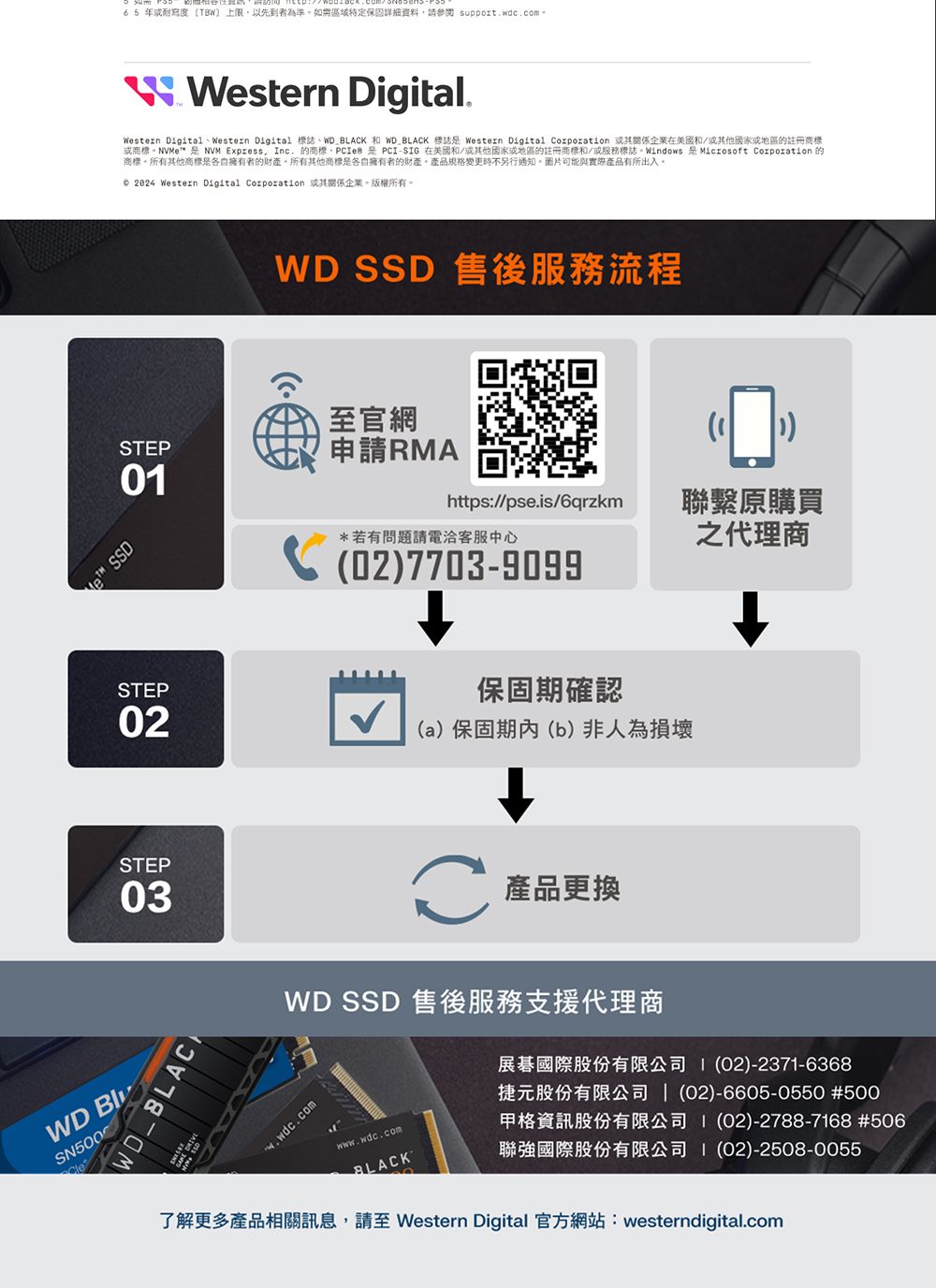 65 年耐寫度 上限以者為準。如需區域特定詳細資料請參閱 support.wdc.com  Western Digital.Western DigitalWestern Digital 標誌WD_BLAK 和 WD BLACK 標誌 Western Digital Corporation 企業在美國和/或其他國家或地區的註冊或商標。NVMe  NVM Express, Inc. 的商標、 是 PCI-SIG 在美國和/或其他國家或地區的註冊商標和/或服務標誌。Windows 是Microsoft Corporation 的商標。所有其他商標是各自擁有者的財產。所有其他商標是各自擁有者的財產。產品規格變更時不另行通知。圖片可能與實際產品有所出入。 2024 Western Digital Corporation 或其關係企業。版權所有。WD SSD 售後服務流程官網STEP申請RMA0*若有問題請電洽客服中心(02)7703-9099https://pse.is/6qrzkm聯繫原購買之代理商™ SSDSTEP02保固期確認(a)保固期內(b)非人為損壞STEP03WD_BLACWD SN500C產品更換WD SSD 售後服務支援代理商w.wdc.comwww.wdc.comBLACK展碁國際股份有限公司 1 (02)-2371-6368捷元股份有限公司 | (02)-6605-0550 #500格資訊股份有限公司聯強國際股份有限公司(02)-2788-7168 #506(02)-2508-0055了解更多產品相關訊息,請至 Western Digital 官方網站:westerndigital.com