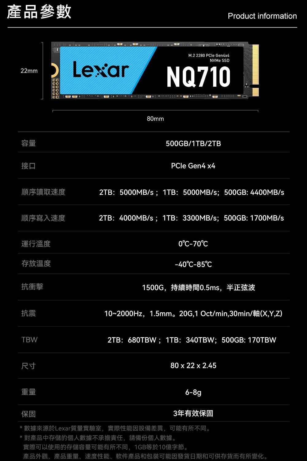 產品參數22mm Lexar容量接口8mmM.2 2280 Ple Gen4NVMe SSDNQ710500GB/1TB/2TBPCle Gen4 x4Product information順序讀取速度2TB:5000MB/s; 1TB: 5000MB/s; 500GB: 4400MB/s顺序寫入速度2TB:4000MB/s; 1TB: 3300MB/s; 500GB: 1700MB/s運行溫度存放溫度抗衝擊抗震TBW尺寸0C-70C-40C-85C1500G,持續時間0.5ms,半正弦波10~2000Hz,1.5mm。20G,1 Oct/min,30min/軸(X,Y,Z)2TB:680TBW;1TB: 340TBW; 500GB: 170TBW80 x 22 x 2.45重量保固6-8g3年有效保固* 數據來源於Lexar質量實驗室,實際性能因設備差異,可能有所不同。*對產品中存儲的個人數據不承擔責任,請備份個人數據。實際可以使用的存儲容量可能有所不同,1GB等於10億字節。產品外觀、產品重量、速度性能、軟件產品和包裝可能因發貨日期和可供存貨而有所變化。