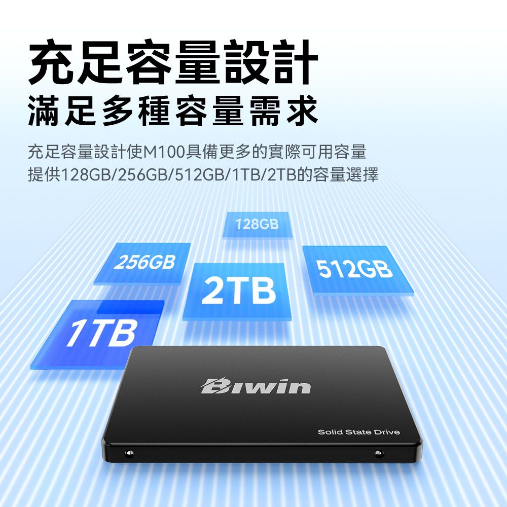 充足容量設計滿足多種容量需求充足容量設計具備更多的實際可用容量提供128GB/256GB/512GB/1TB/2TB的容量選擇256GB128GB2TB1TB512GBSolid State Drive