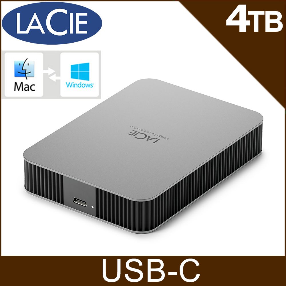 果粉指名專用 【LaCie】Mobile Drive USB-C 4TB 行動硬碟-月光銀