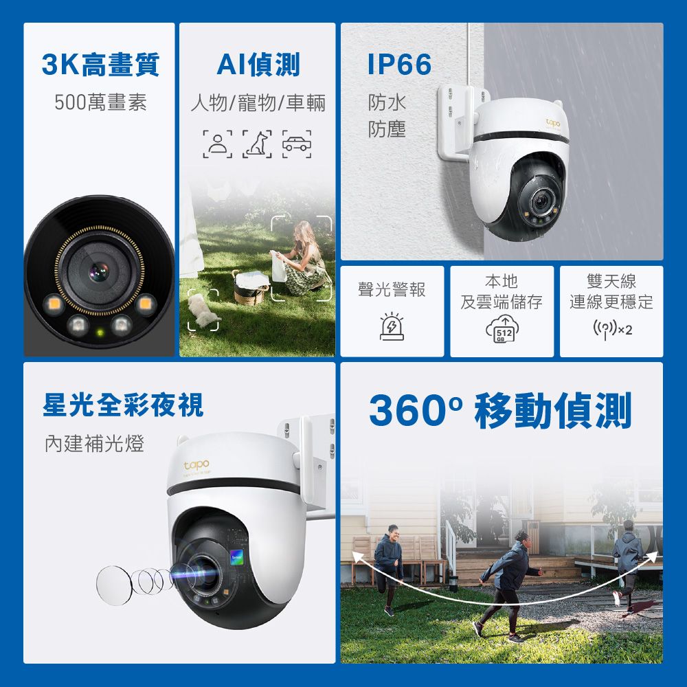 TP-Link 3K 500萬高畫質 WiFi AI智慧偵測 IP66戶外 360°網路攝影機  監視器IP CAM (Tapo C530WS)