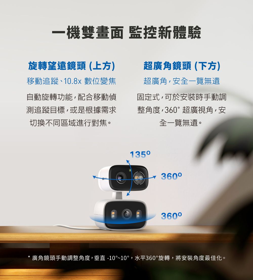 一機雙畫面 監控新體驗旋轉望遠鏡頭(上方)移動追蹤、10.8x 數位變焦自動旋轉功能配合移動偵測追蹤目標或是根據需求切換不同區域進行對焦。超廣角鏡頭(下方)超廣角,安全一覽無遺固定式,可於安裝時手動調整角度,360超廣視角,安全一覽無遺。135→360360°* 廣角鏡頭手動調整角度,垂直-10°~10°,水平360°旋轉,將安裝角度最佳化。