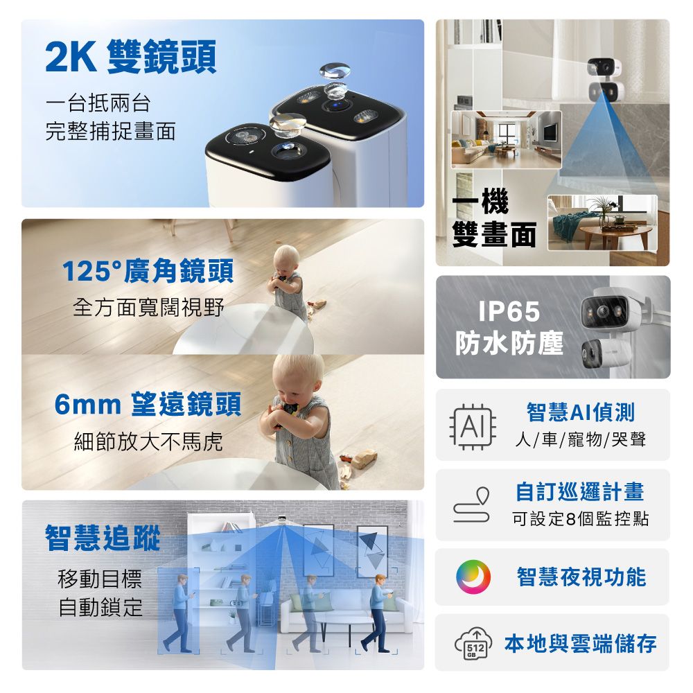 TP-Link 2K 雙鏡頭 AI偵測 360旋轉 無線網路Wi-Fi監視器 IPCAM(支援512G/IP65防水防塵/Tapo C246D)