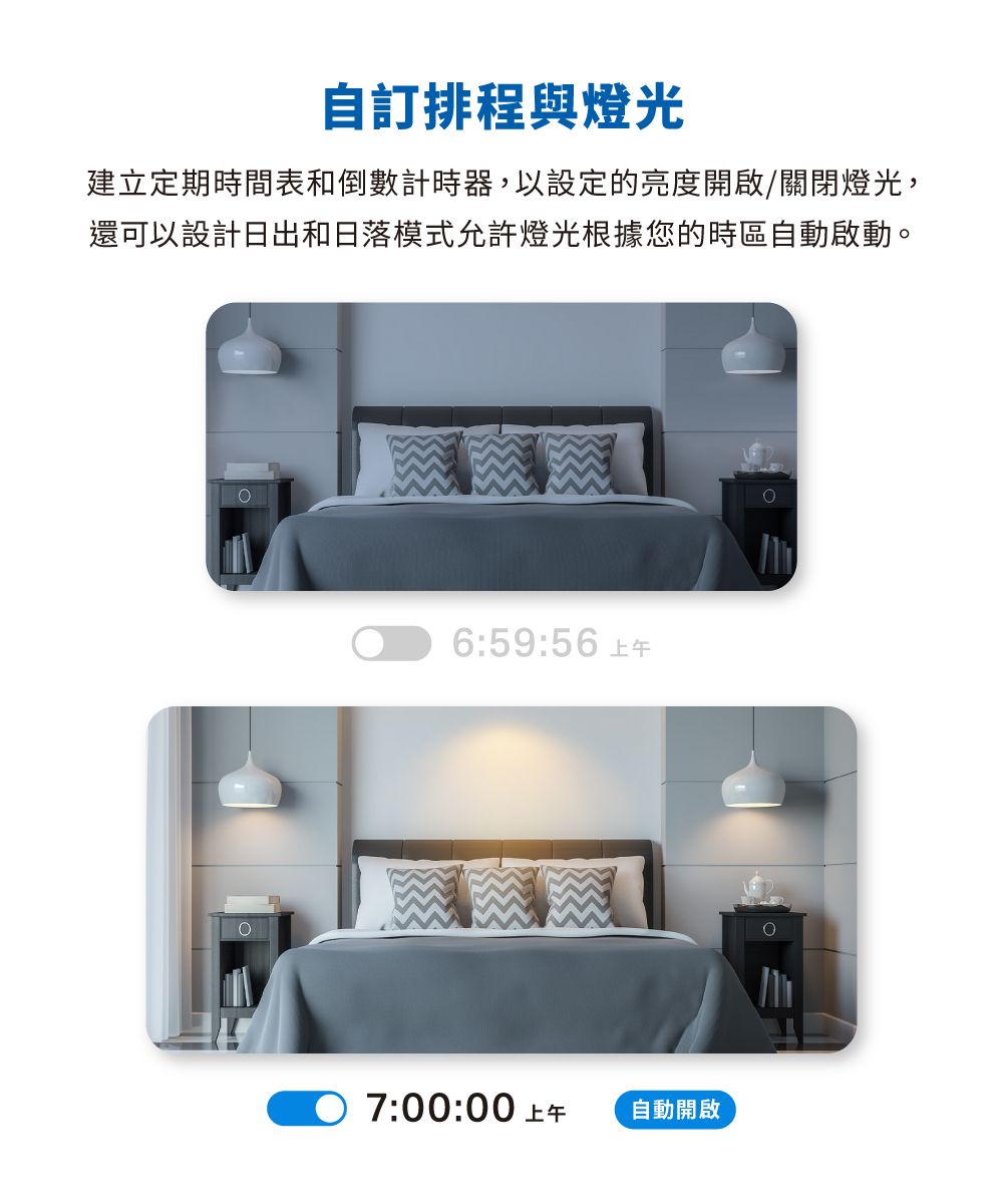 自訂排程與燈光建立定期時間表和倒數計時器,以設定的亮度開啟/關閉燈光,還可以設計日出和日落模式允許燈光根據您的時區自動啟動。6:59:56 上午7:00:00 上午自動開啟