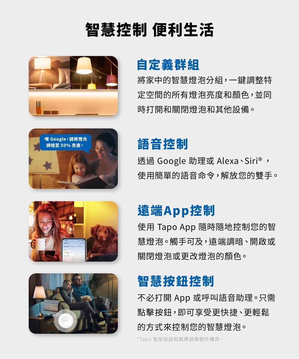 智慧 便利生活自定義群組將家中的智慧燈泡分組,一鍵調整特定空間的所有燈泡亮度和顏色,並同時打開和關閉燈泡和其他設備。嘿 Google,請將燈光調暗至50% 亮度。語音控制透過 Google 助理或 Alexa、Siri®,使用簡單的語音命令,解放您的雙手。遠端App控制使用 Tapo App隨時隨地控制您的智慧燈泡。觸手可及,遠端調暗、開啟或關閉燈泡或更改燈泡的顏色。智慧按鈕控制不必打開 App 或呼叫語音助理。只需點擊按鈕,即可享受更快捷、更輕鬆的方式來控制您的智慧燈泡。*Tapo 智慧按鈕和感應器需額外購買。