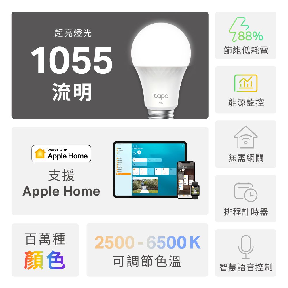 TP-Link Tapo L536E 多彩調節 節能LED Wi-Fi 智慧照明 E27多色智能燈泡(支援Apple Home)