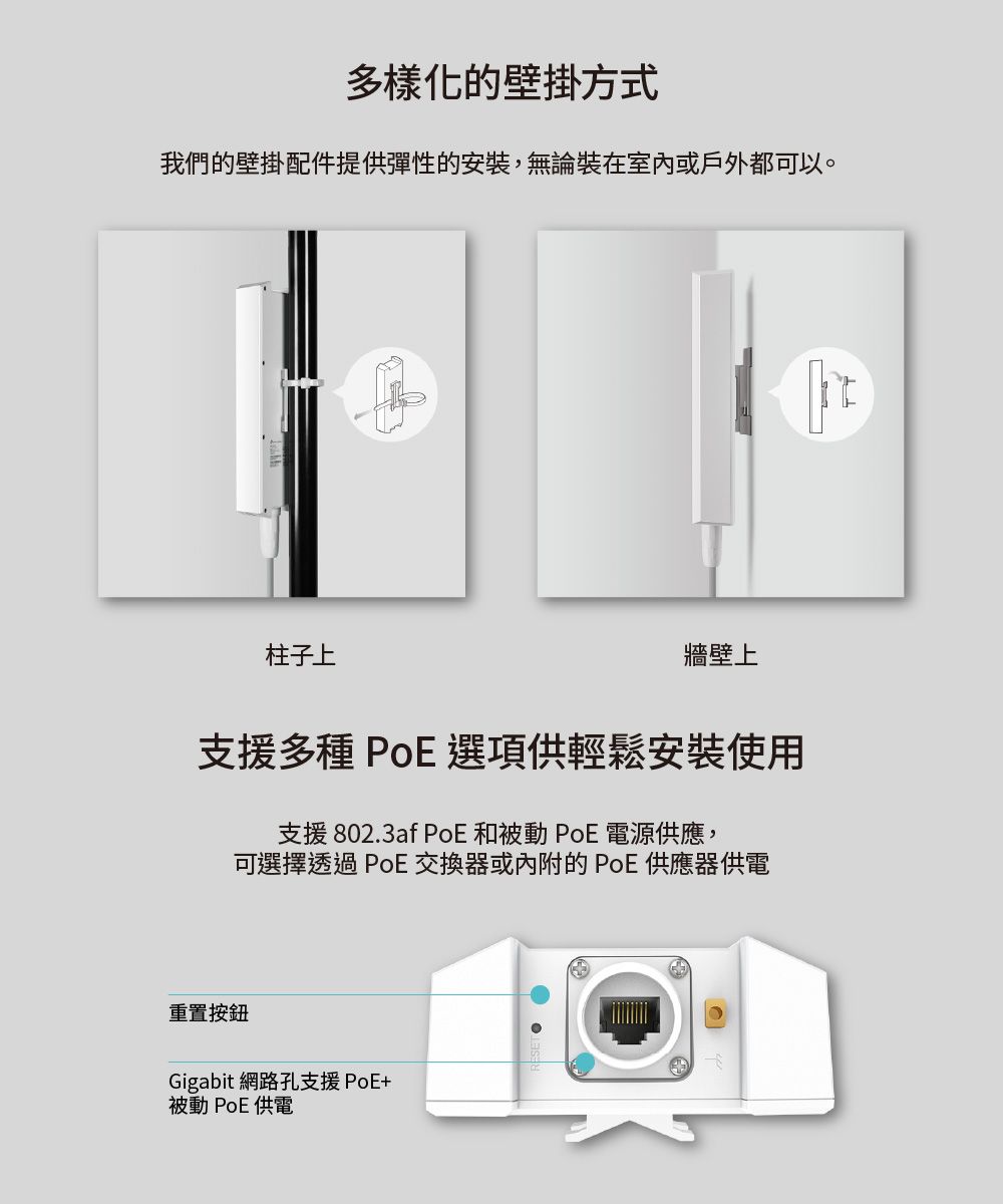多樣化的壁掛方式我們的壁掛配件提供彈性的安裝,無論裝在室內或戶外都可以。柱子上牆壁上支援多種 PoE 選項供輕鬆安裝使用支援802.3af PoE 和被動 PoE 電源供應,可選擇透過PoE交換器或內附的 PoE供應器供電重置按鈕Gigabit 網路孔支援 PoE+被動 PoE 供電
