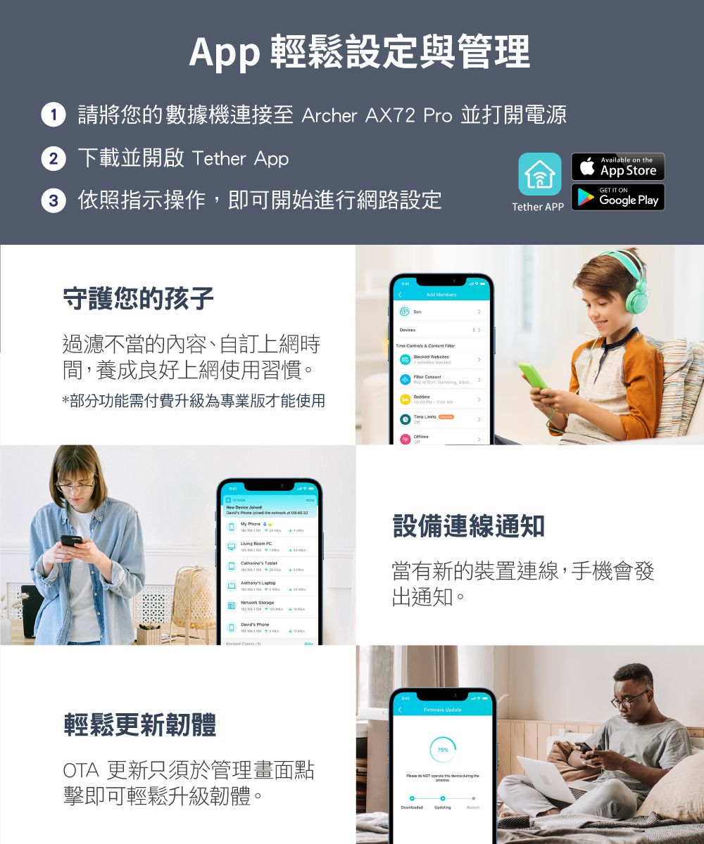 App 輕鬆設定與管理 請將您的數據機連接至 Archer AX72 Pro 並打開電源 下載並開啟 Ter App 依照指示操作即可開始進行網路設定Tether APP守護您的孩子過濾不當的內容、自訂上網時間養成良好上網使用習慣。*部分功能需付費升級為專業版才能使用   &amp;       , ,    Time Available on theApp StoreGET IT ONGoogle Play   the network at   Catherines   設備連線通知當有新的裝置連線,手機會發出通知。 輕鬆更新韌體OTA 更新只須於管理畫面點擊即可輕鬆升級韌體。%       the