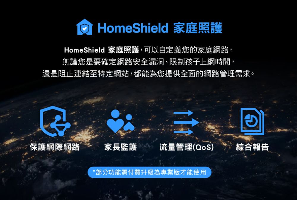 HomeShield 家庭照護HomeShield 家庭照護,可以自定義您的家庭網路,無論您是要確定網路安全漏洞、限制孩子上網時間,還是阻止連結至特定網站,都能為您提供全面的網路管理需求。保護網際網路家長監護流量管理(QoS)綜合報告*部分功能需付費升級為專業版才能使用