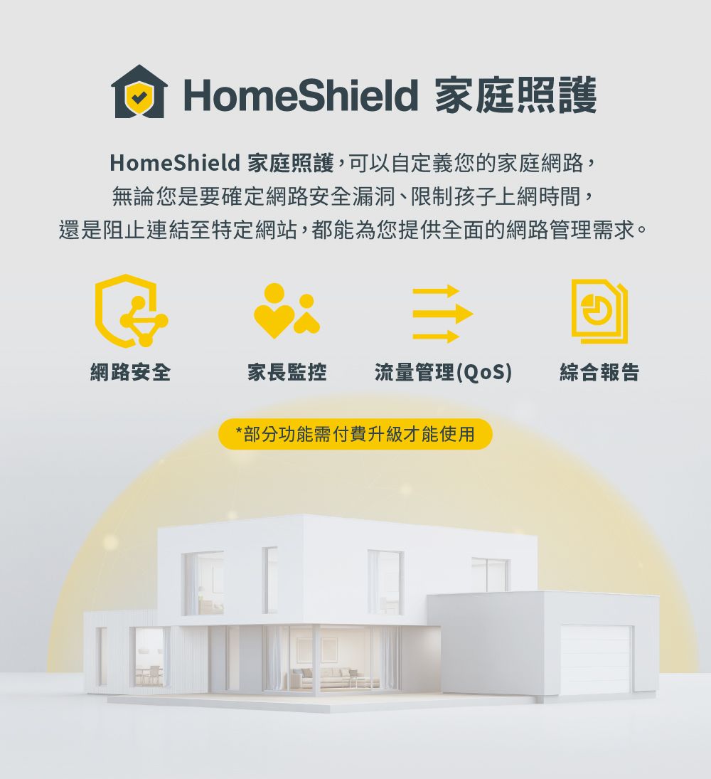 HomeShield 家庭照護HomeShield 家庭照護,可以自定義您的家庭網路,無論您是要確定網路安全漏洞、限制孩子上網時間,還是阻止連結至特定網站,都能為您提供全面的網路管理需求。網路安全家長監控 流量管理(QoS) 綜合報告*部分功能需付費升級才能使用