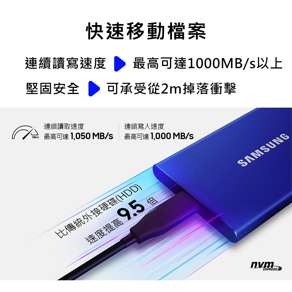 Samsung 三星 T7 1TB USB 3.2 Gen 2移動固態硬碟 靛青藍+金士頓 FURY D4 3200 32GB(16GBx2) 桌上型超頻記憶體