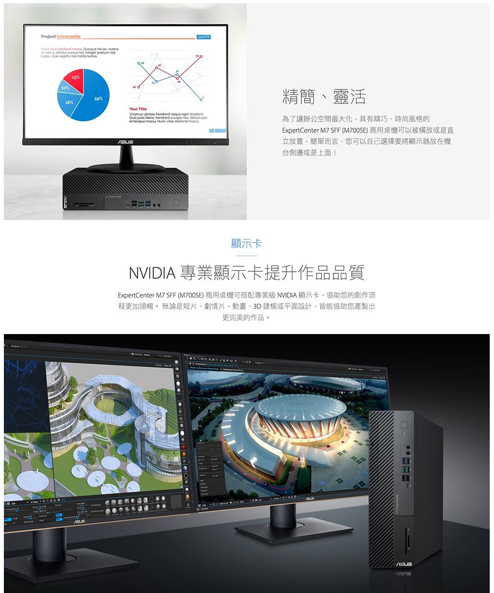 Project Infographic          cursus         1013%18%59%Your Title        hendrerit a   dictum   Nunc   精簡、靈活為了讓辦公空間最大化具有精巧、時尚風格的ExpertCenter M7 SFF (M700SE) 商用桌機可以被或是直立放置簡單而言,您可以自己選擇要將顯示器放在機台側邊或是上面!顯示卡NVIDIA 專業顯示卡提升作品品質ExpertCenter M7 SFF (M700SE) 商用桌機可搭配專業級 NVIDIA 顯示卡,協助您的創作流程更加順暢。 無論是短片、劇情片、動畫、3D建模或平面設計,皆能協助您產製出更完美的作品。