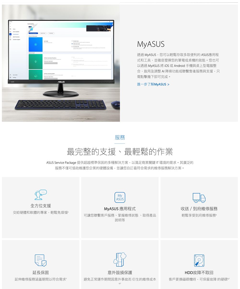 My透過 MyASUS,您可以輕鬆存取多款便利的 ASUS應用程式和工具,並徹底發揮您的筆電或桌機的效能您也可以透過 MyASUS 將iOS 或Android手機與桌上型電腦整合,啟用及調整AI降噪功能或聯繫售後服務與支援,只需點擊幾下即可完成。進一步了解MyASUS 服務最完整的支援、最輕鬆的作業ASUS Service Package 提供超越標準保固的多種解決方案,以滿足商業關鍵環境的需求。其廣泛的服務不僅可協助維護您企業的硬體設備,並讓您自訂最符合需求的維修服務解決方案。MyASUS全方位支援MyASUS 應用程式收送/到府維修服務交給硬體和軟體的專家,輕鬆免煩惱可讓您聯繫客戶服務、掌握維修狀態、取得產品說明等輕鬆享受到府維修服務。延長保固意外毀損保護HDD故障不取回延伸維修服務涵蓋期間以符合需求避免正常運作期間因意外事故而衍生的維修成本客戶更換磁碟機時,可保留故障的硬碟