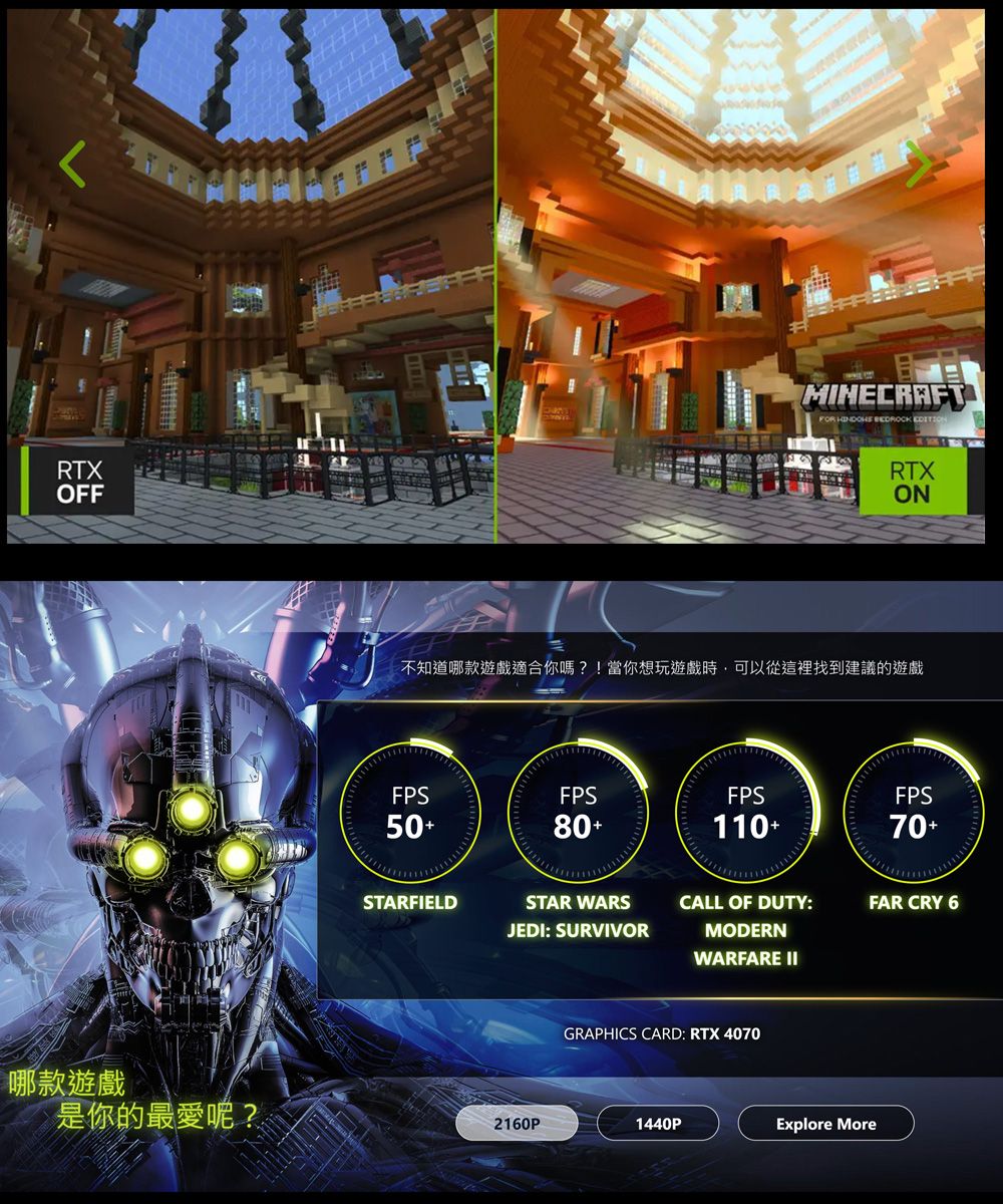RTXOFFFOR   RTXON不知道哪款遊戲適合你嗎?!當你想玩遊戲時,可以從這裡找到建議的遊戲FPSFPSFPSFPS50+80+110+70+STARFIELDSTAR WARSCALL OF DUTY:FAR CRY 6JEDI: SURVIVORMODERNWARFARE IIGRAPHICS CARD: RTX 4070哪款遊戲是你的最愛呢?2160P1440PExplore More