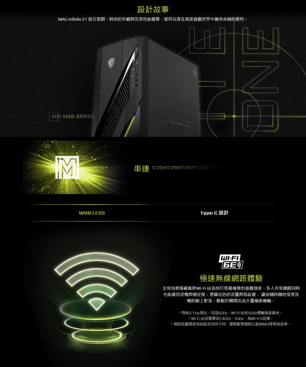 492713設計故事MAG Infinite  結合堅韌、時尚的外觀與完美性能優勢提供玩家在高度遊戲世界中擁有卓越的勝利 MAG SERIES3M串連WIRELESSType  設計ONEWI-GE極速無線網路體驗全球首款搭載最新Wi-Fi 6E為你打造最極致的遊戲速度多人共享網路同時也能維持流暢與穩定度,憑藉出色的流量與低延遲,讓你隨時隨地享受流暢的線上影音,輕鬆於瞬間完成大量檔案傳輸* 與802.11ac相比,同為5GHz,Wi-Fi 6E的5GHz傳輸速度最快。* Wi-Fi 6E設備兼容2.4GHz、5GHz、和Wi-Fi6設備。*規格依據國家和地區而有所不同,實際販售規格以當地MSI零售商為準。