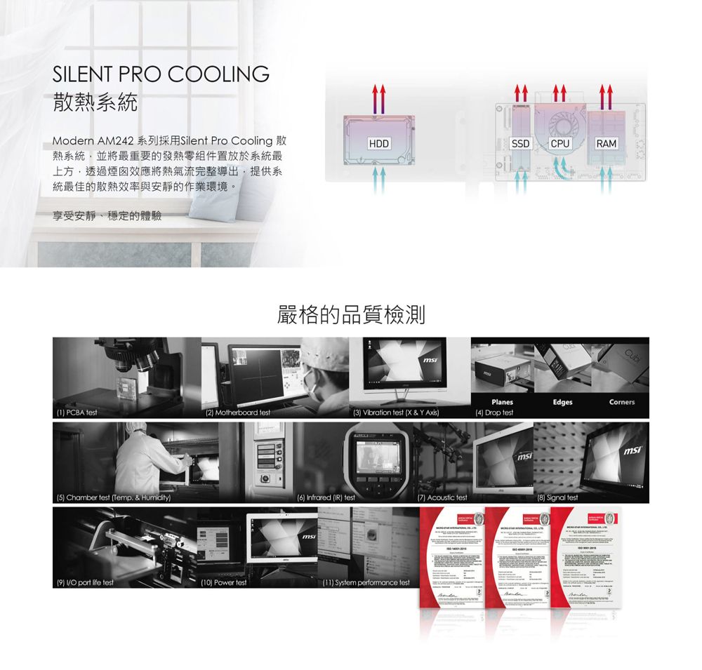 SLENT PR COOLING散熱系統Modern AM242 系列採用Silent Pro Cooling 散熱系統並將最重要發熱零組件置放於系統最上方透過煙囪效應將熱氣流完整導出提供系統最佳的散熱效率與安靜的作業環境。享受安靜穩定的體驗HDDSSD CPURAM嚴格的品質檢測PlanesEdgesCorners PCBA test(2 Motherboard test(3) Vibration test (X & Y Axis)(4) Drop test(5) Chamber test (Temp. & Humidity)(6) Infrared (IR) test(7) Acoustic test(8) Signal testmsi() IO port life test(10) Power test(11) System performance testmsi