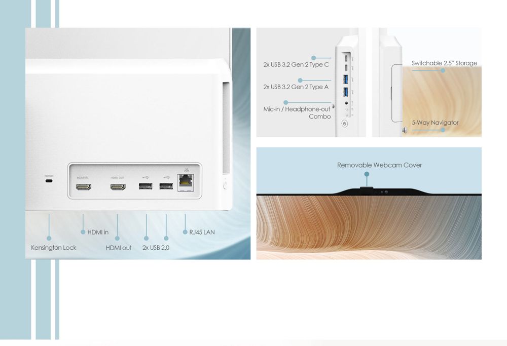 HDMI Kensington LockHDMI   USB RJ45 LAN USB  Gen 2 Type CSwitchable 2.5 Storage USB 3.2 Gen 2 Type AMicin / Headphone-outCombo5-Way NavigatorRemovable Webcam Cover