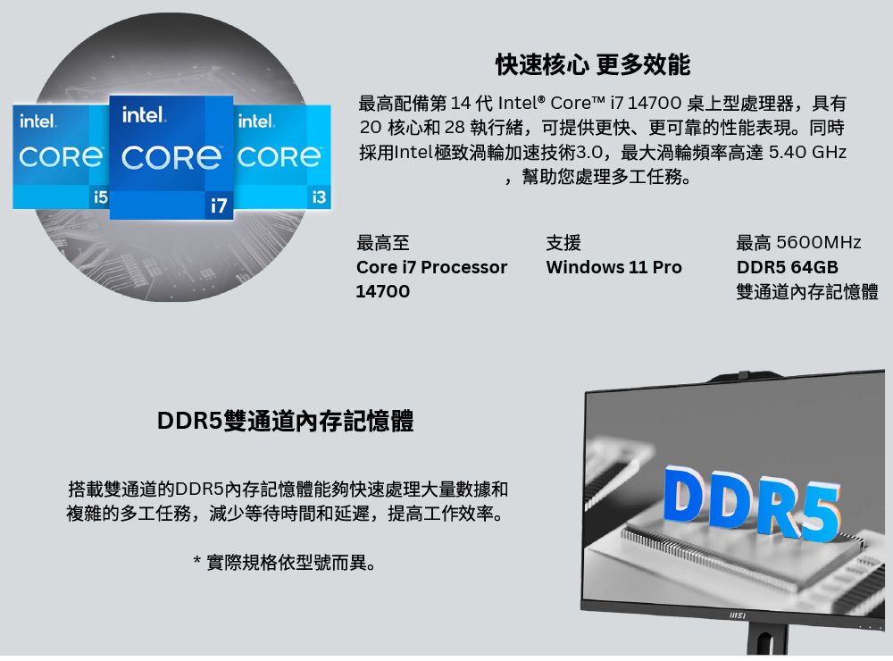 intel.intel.intel.  i5快速核心 更多效能最高配備第14代Intel® Core  14700 桌上型處理器具有20核心和 28 執行緒,可提供更快、更可靠的性能表現。同時採用Intel極致渦輪加速技術3.0,最大渦輪頻率高達5.40 GHz幫助您處理多工任務。最高至Core i7 Processor14700,支援最高 Windows 11 ProDDR5 64GB雙通道內存記憶體DDR5雙通道內存記憶體搭載雙通道DDR5內存記憶體能夠快速處理大量數據和複雜的多工任務,減少等待時間和延遲,提高工作效率。*實際規格依型號而異。DDRS