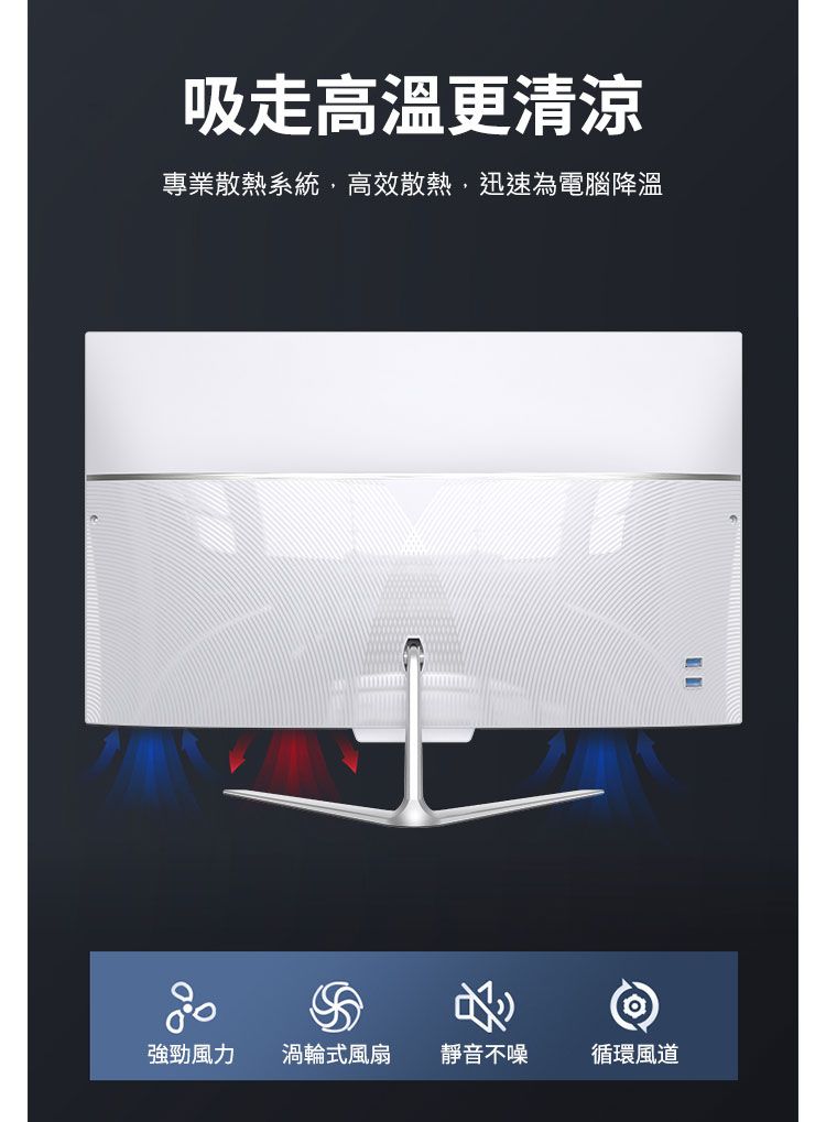 吸走高溫更清涼專業散熱系統高效散熱迅速為電腦降溫強勁風力渦輪式風扇靜音不噪循環風道
