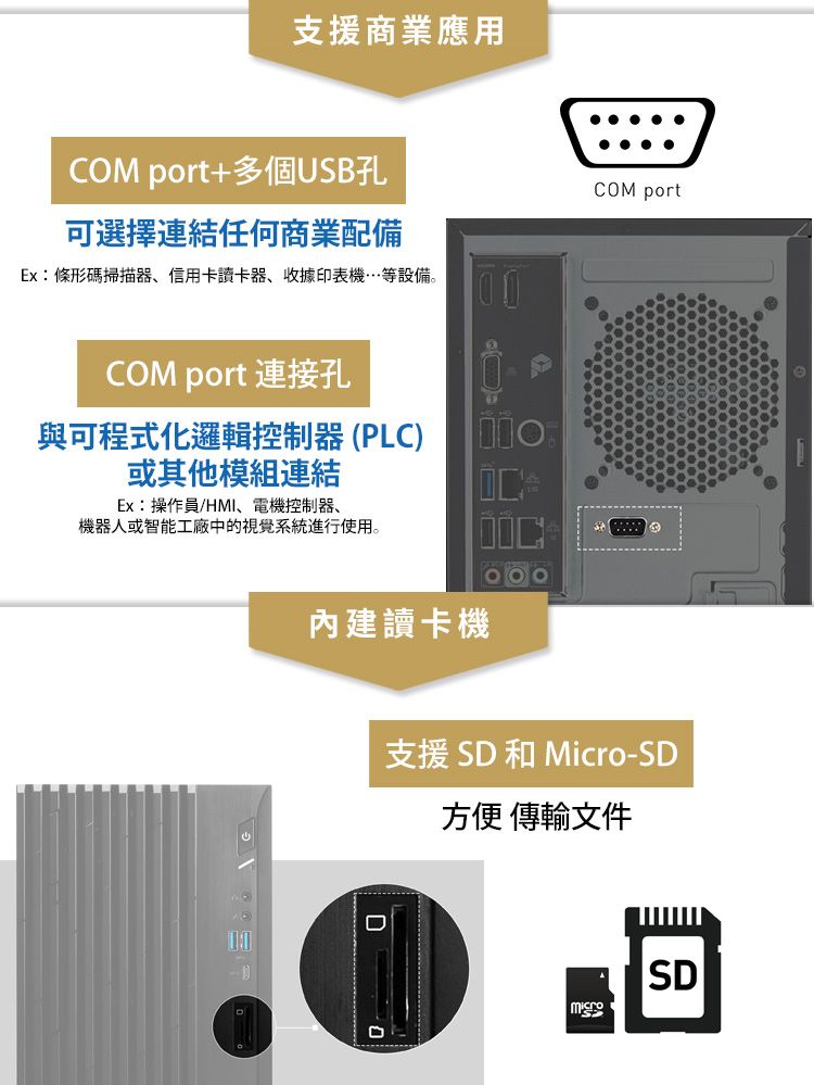 支援商業應用 port+多個USB孔可選擇連結任何商業配備Ex條形碼掃描器、信用卡讀卡器、收據印表機…等設備。CM port 連接孔與可程式化邏輯控制器(PLC)或其他模組連結Ex:操作員/HMI、電機控制器、機器人或智能工廠中的視覺系統進行使用。COM portO內建讀卡機支援 SD 和 Micro-SD方便 傳輸文件SD50