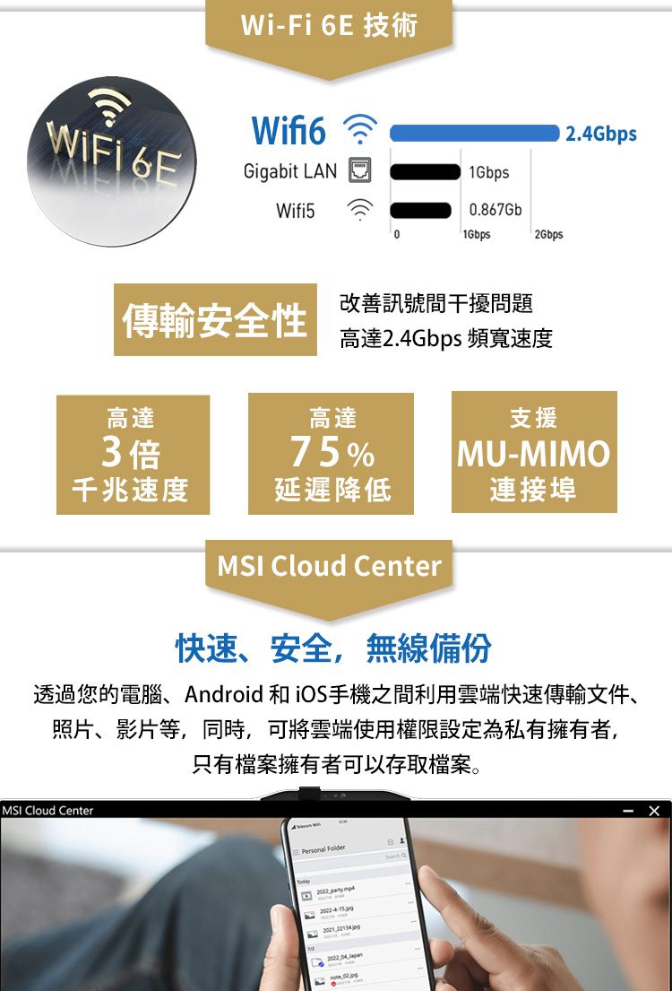 6EWi-Fi 6E 技術Wifi6Gigabit LAN12.4Gbps1GbpsWifi50.867Gb1Gbps2Gbps改善訊號干擾問題傳輸安全性高達2.4Gbps 頻寬速度高達高達支援3倍75% MU-MIMO千兆速度延遲降低連接埠MSI Cloud Center快速安全,無線備份透過您的電腦、Android 和iOS手機之間利用雲端快速傳輸文件、照片、影片等,同時,可將雲端使用權限設定為私有擁有者,只有檔案擁有者可以存取檔案。MSI Cloud CenterPersonal Folder 2022