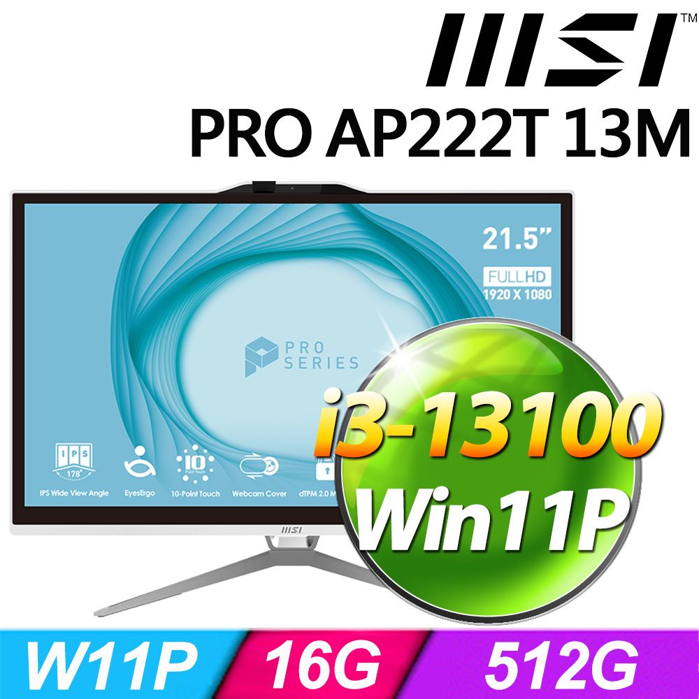 MSI 微星  PRO AP222T 13M-223TW-SP1 (i3-13100/16G/512G SSD/W11P)特仕版