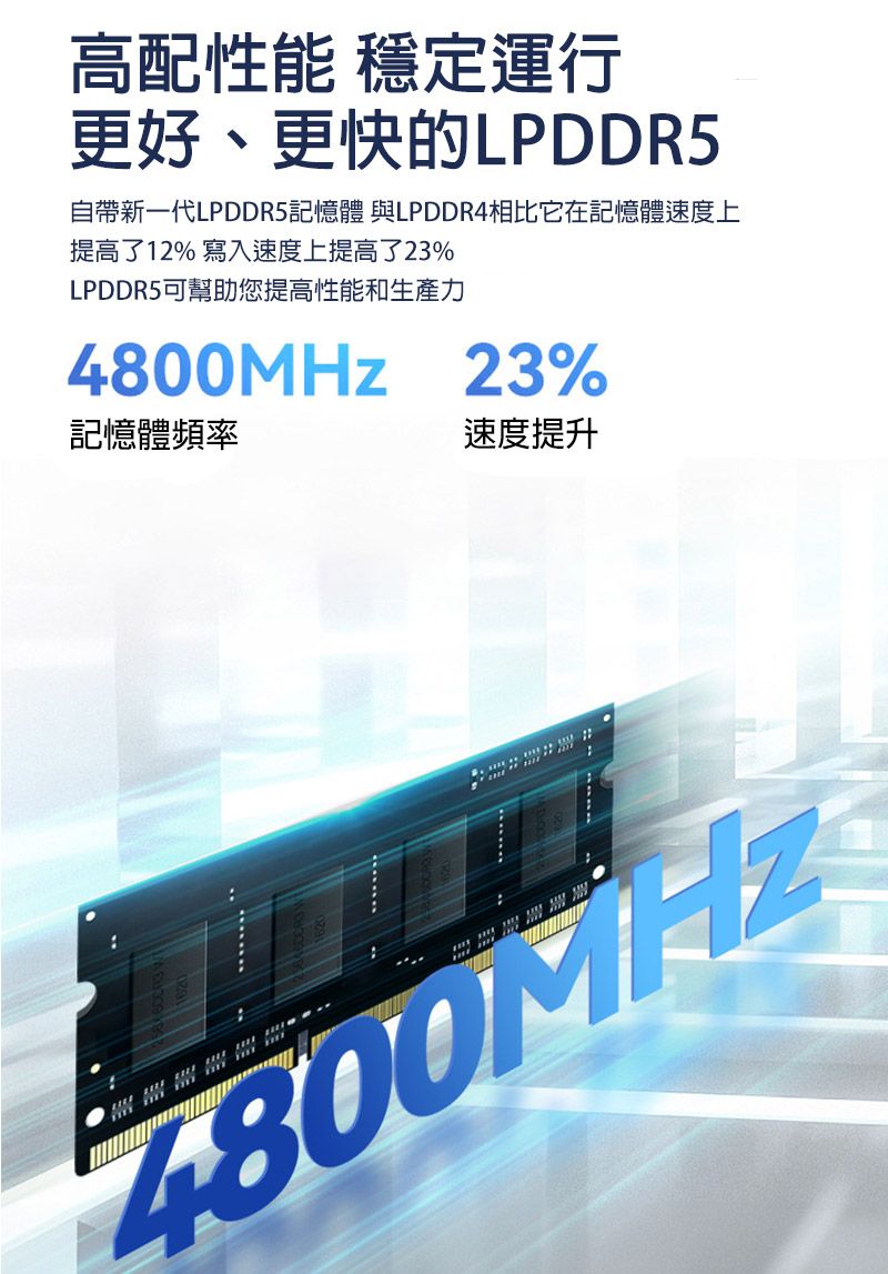 高配性能 穩定運行更好、更快的LPDDR5自帶新一代LPDDR5記憶體 與LPDDR4相比它在記憶體速度上提高了12% 寫入速度上提高了23%LPDDR5可幫助您提高性能和生產力4800MHz 23%記憶體頻率速度提升4800MHz