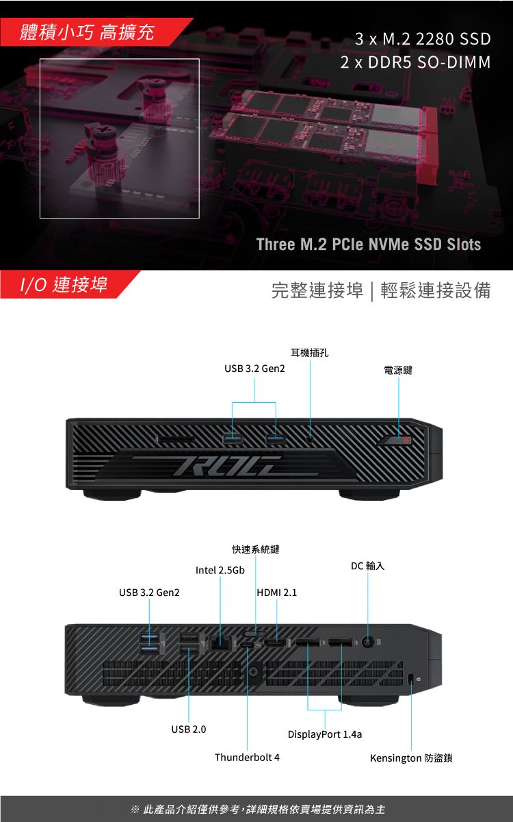 體積小巧 高擴充3  M. 2280 SSD2 x DDR5 SO-DMMI/O 連接埠Three M.2  NVMe SSD Slots完整連接埠輕鬆連接設備耳機插孔USB 3.2 Gen2電源鍵快速系統鍵Intel 2.5GbDC 輸入USB 3.2 Gen2HDMI 2.1USB 2.0Thunderbolt 4DisplayPort 1.4aKensington 防盜鎖※ 此產品介紹僅供參考,詳細規格依賣場提供資訊為主