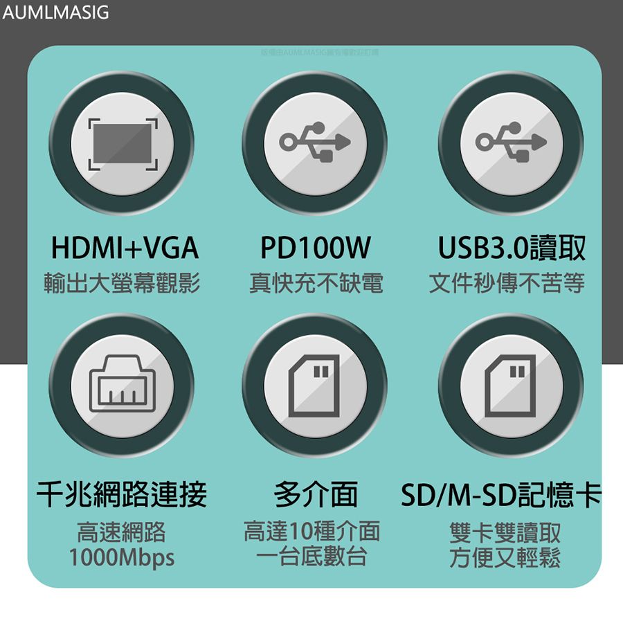 AUMLMASIG 全通碩 通用旋轉支架多功能10合1集線器 一台萬用Connector+金屬摺疊支架功能+HDMI4K輸出+RJ45網路+3*USB3.0