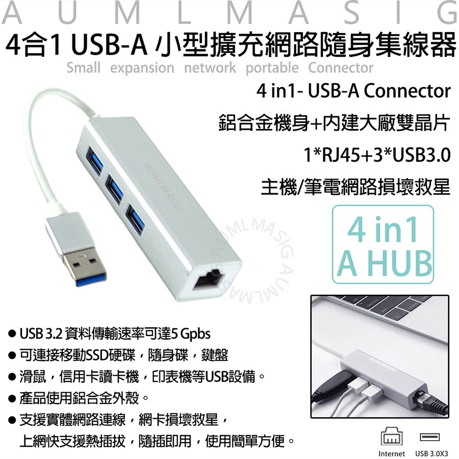  【AUMLMASIG全通碩】4合1 USB-A 小型擴充網路RJ45隨身集線器 / USB TYPE-A轉RJ45有線網路適配器1000Mbp鋁合金機身+內建大廠雙晶片1*RJ45+3*USB3.0 主機/筆電網路損壞救星 *USB 3.2 資料傳輸速率可達5 Gpbs *可連接移動SSD硬碟隨身碟鍵盤 *滑鼠