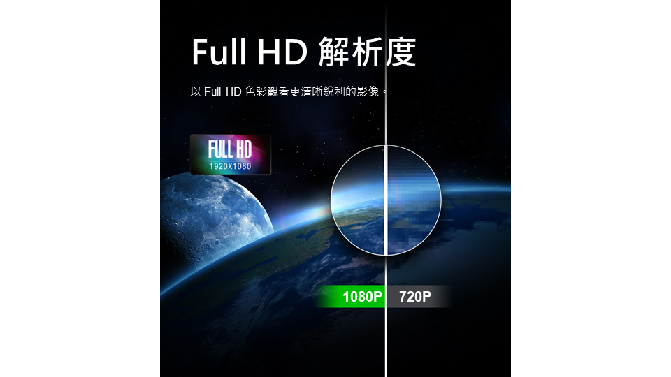 Full HD 解析度以 Full HD 色彩觀看更清晰銳利的影像FULL HD1920X10801080P 720P