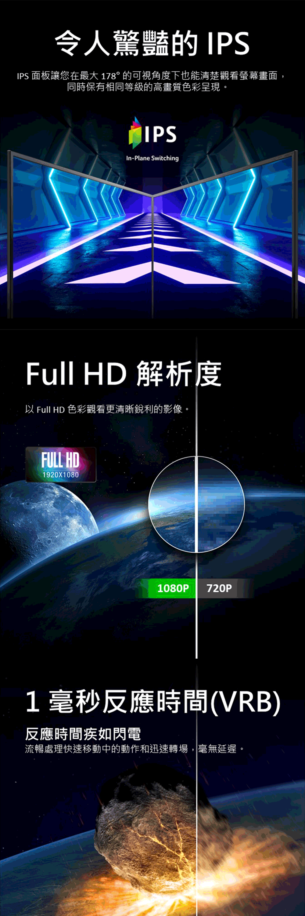 令人驚豔 IPSIPS 面板讓您在最大 178°的可視角度下也能清楚觀看螢幕畫面,同時保有相同等級的高畫質色彩呈現。IPSIn-Plane SwitchingFull HD 解析度以 Full HD 色彩觀看更清晰銳利的影像。FULL HD1920X10801080P 720P1毫秒反應時間(VRB)反應時間疾如閃電流暢處理快速移動中的動作和迅速轉場,毫無延遲。