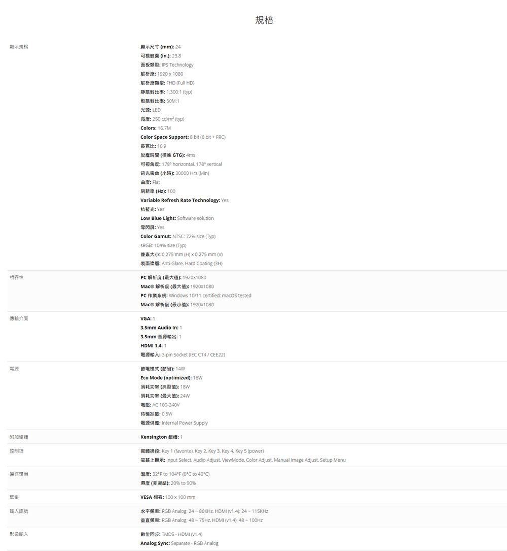 顯示規格mm 24可視範 in 28面板類型 IPS Technology相容性解析度2 080 D靜態對 300 typ動態對比率 0M光源 LED 250 cd/ typColors 167MColor Space Support 8 bit (6 bit FRC長寬比169)曲度 Flat(GTG) 178 horizontal 178 vertical(1) 30000 Hrs (Min)() 100ariable Refresh Rate Technology Yes抗藍光 YesLow Blue Light Software solution閃 YesColor Gamut NTSC 72% size (Typ)SRGB 104% size (Typ) mm (H) mm (V) ntiGlare Hard Coating (3H)PC 解析度 (最大值) 19201080Mac® 解析度 (最大值) 1920x1080PC Windows 10/11 certified macOS testedMac® 解析度 (最小值): 1920x1080傳輸介面VGA: 1規格電源附加硬體控制項操作環境輸入訊號影像輸入5mm Audio In: 135mm: 1HDMI : 1A: 3pin Socket ( C14/CEE22)節電模式(節省):14WEco Mode (optimized): 消耗功率 (典型值):消耗功率 (最大值):24W: AC 100-240V待機: : Internal Power SupplyKensingn : 1: Key 1 (favorite) Key Key 3. Key Key 5 (power) Select. Audio Adjust. ViewMode. Color Adjust. Manual Image Adjust. Setup Menu: 32F to 104F (0C to 40C)濕度 (非凝结): 20% to 90%VESA : 100 x 100 mm: RGB Analog: HDMI (): 24-1KHZ: RGB Analog: , HDMI (): 15: -HDMI ()Analog Sync: Separate RGB Analog