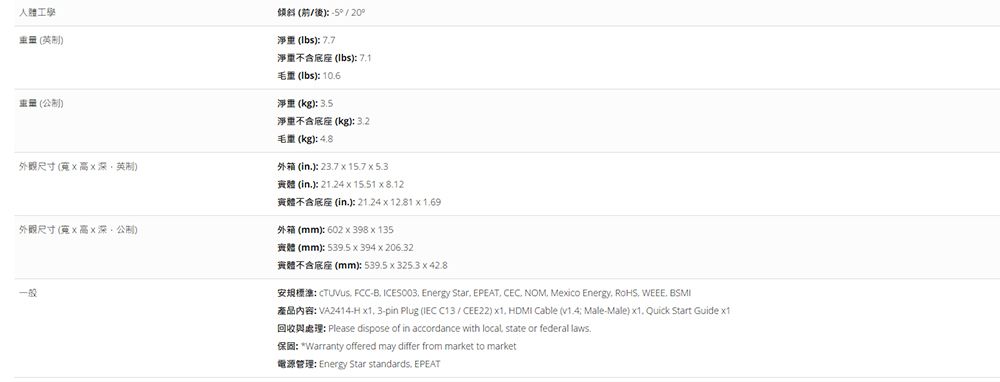 人體工學 外観尺寸 英制)外観尺寸(深)一般傾斜(後)5/20°() 77淨重底座 () () 106(kg) 35淨重不含底座 (kg) 32(kg): (in): 237 (in): 2124 (in.): 21.24 12.81 (mm): 602 x 398 x 135(mm): 539.5 x 394 x 206.32(mm): 539.5 x 325.3 x : FCC. . Energy Star EPEAT CEC. NOM Mexico Energy WEEE. :VA2414-H 3-pin Plug (IEC C13/CEE22) HDMI Cable ( Male-Male) . Quick Start Guide x1Please dispose of in accordance with local state or federal laws.: Warranty offered may differ from market to market: Energy Star standards. EPEAT
