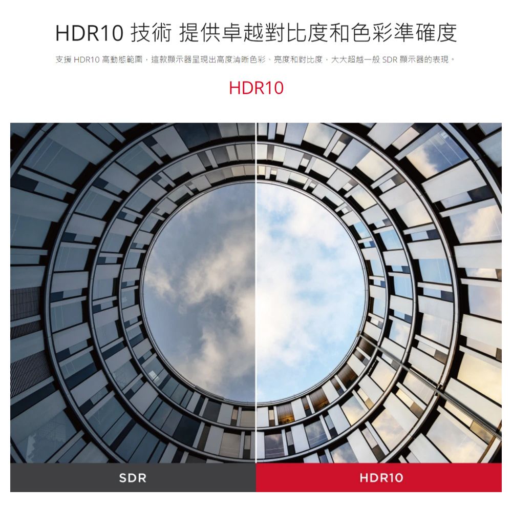 HDR10 技術 提供卓越對比度和色彩準確度支援HDR10 高動態範圍這款顯示器呈現出高度色彩、亮度和對比度大大超越一般SDR顯示器的表現。HDR10SDRHDR10