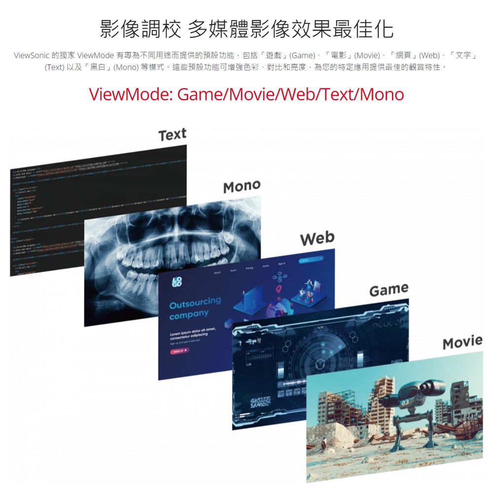 影像調校 多媒體影像效果最佳化ViewSonic 的獨家 ViewMode 有不同用途而提供的預設功能包括「遊戲」(Game)「電影」(Movie)、「網頁」(Web)、「文字」(Text)以及「黑白」(Mono)等模式。這些預設功能可增強色彩、對比和亮度,為您的特定應用提供最佳的觀賞特性。ViewMode: Game/Movie/Web/Text/MonoTextOutsourcingcompany   sit consectetur MonoWebGame8Movie