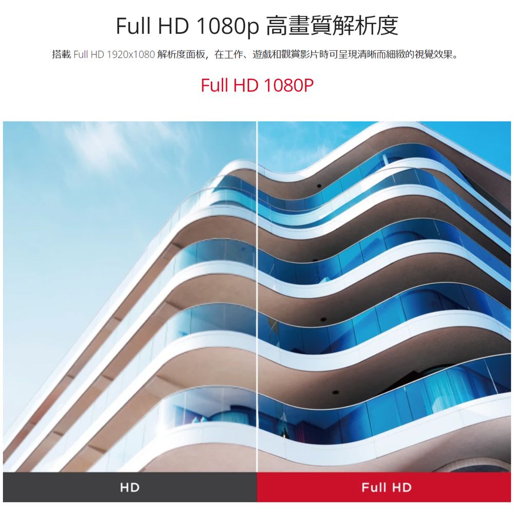 Full HD 1080p搭載 Full HD 1920x1080 解析度面板,在工作、遊戲和觀賞影片時可呈現清晰而細緻的視覺效果。Full HD 1080PHDFull HD