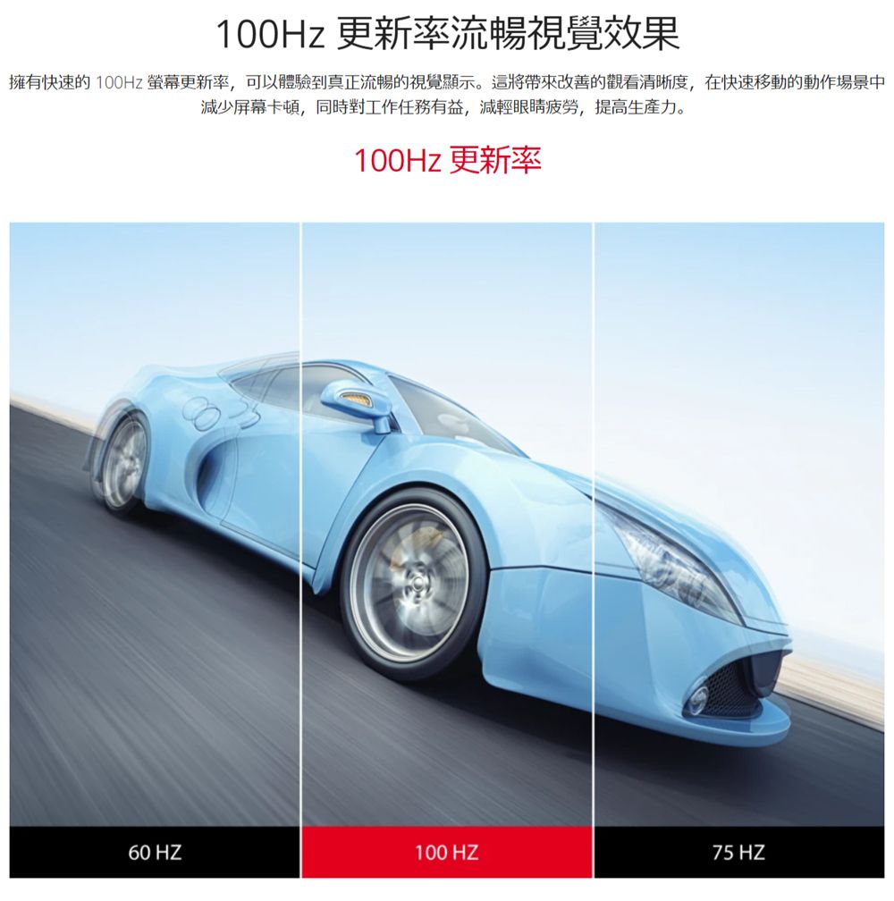Hz 更新率流暢視覺效果擁有快速的 100Hz 螢幕更新率,可以體驗到真正流暢的視覺顯示。這將帶來改善的觀看清晰度,在快速移動的動作場景中減少屏幕卡頓,同時對工作任務有益,減輕眼睛疲勞,提高生產力。100Hz 更新率60 HZ100 HZ75 HZ