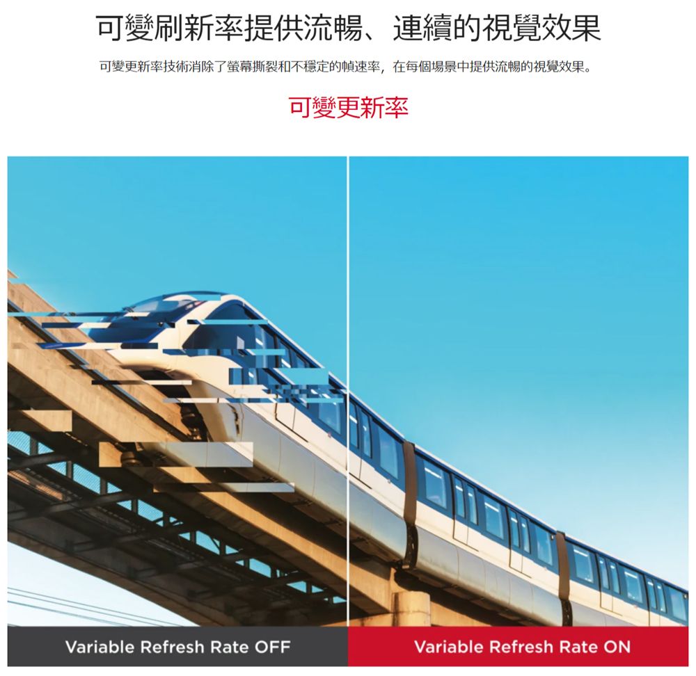 可變刷新率提供流暢、連續的視覺效果可變更新率技術消除了螢幕撕裂和不穩定的幀速率,在每個場景中提供流暢的視覺效果。可變更新率Variable Refresh Rate OFFVariable Refresh Rate ON