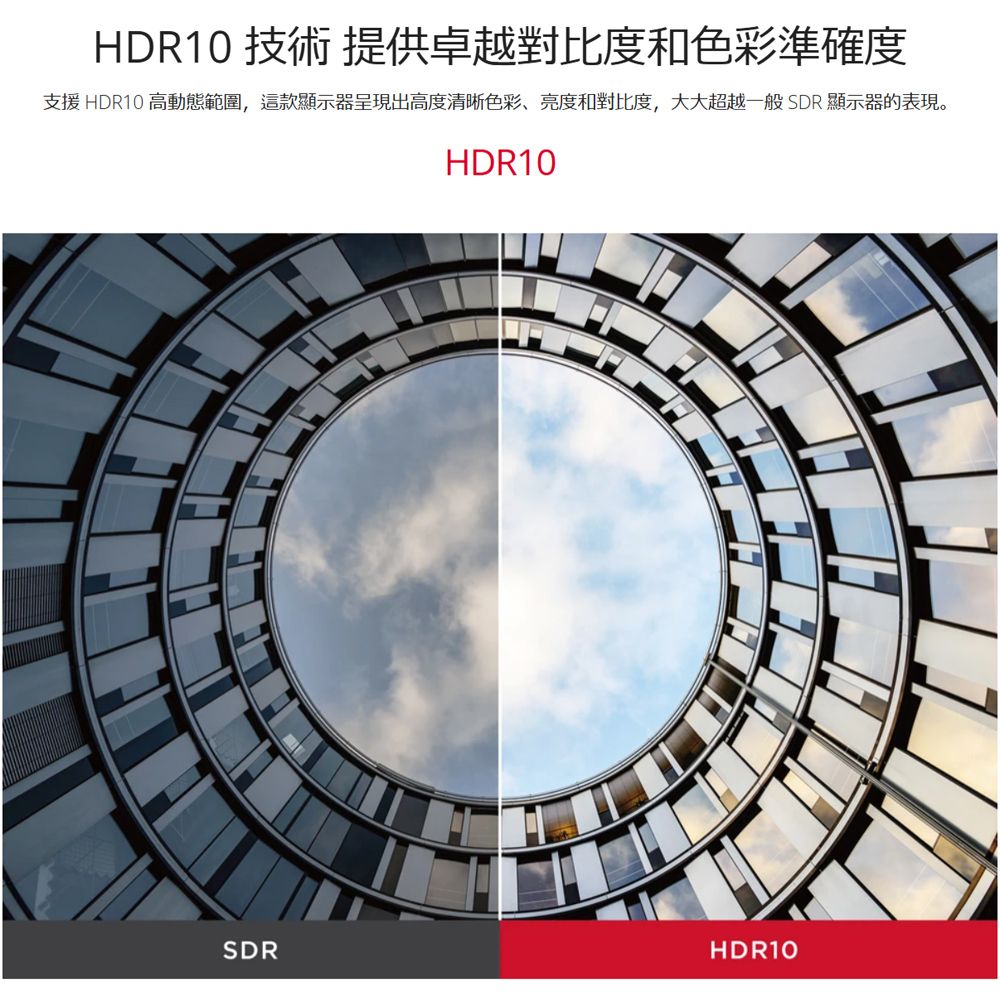 HDR10 技術 提供卓越對比度和色彩準確度支援 HDR10 高動態範圍,這款顯示器呈現出高度清晰色彩、亮度和對比度,大大超越一般SDR顯示器的表現。HDR10SDRHDR10