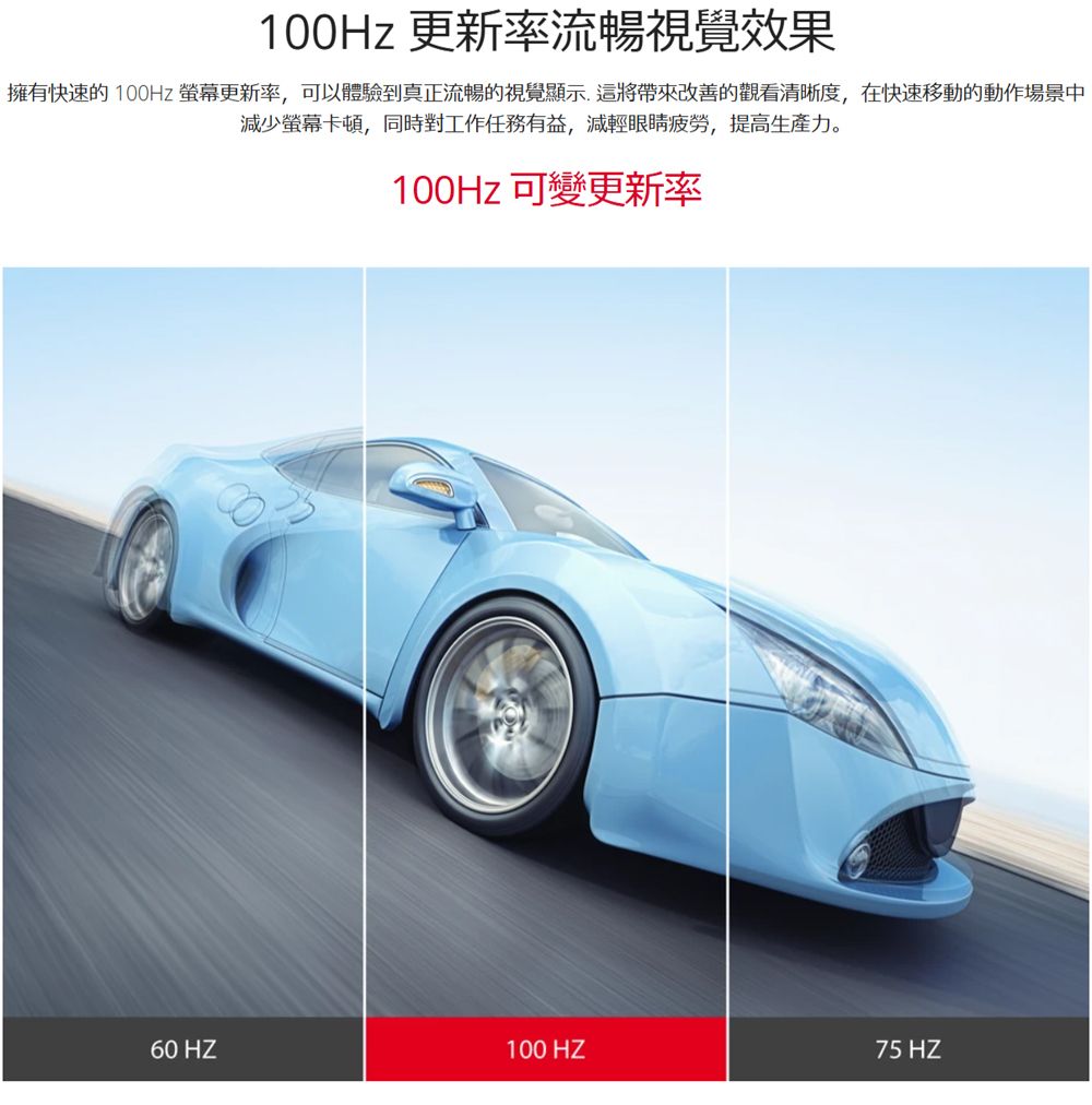 100Hz 更新率流暢視覺效果擁有快速的 100Hz 螢幕更新率可以體驗到真正流暢的視覺顯示,這將帶來改善的觀看清晰度,在快速移動的動作場景中減少螢幕卡頓,同時對工作任務有益,減輕眼睛疲勞,提高生產力。100Hz 可變更新率60 HZ100 HZ75 HZ