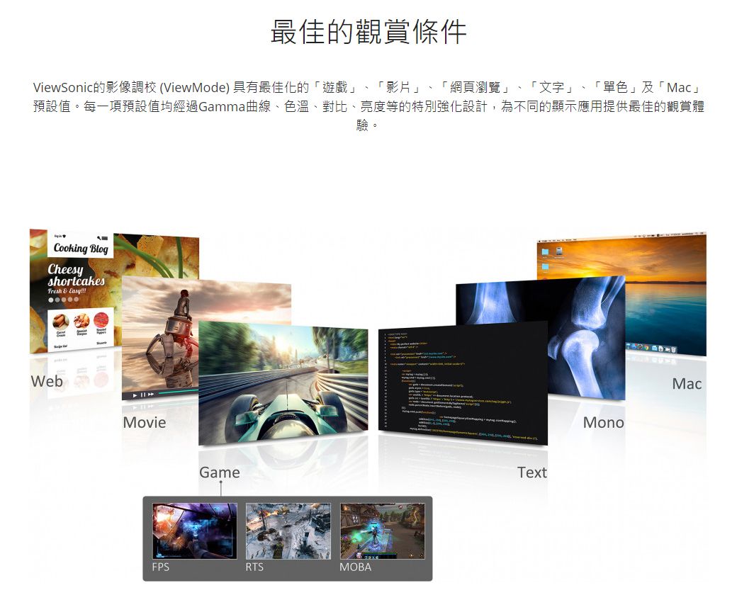 最佳的觀賞條件ViewSonic的影像調校(ViewMode)具有最佳化的「遊戲」、「影片」、「網頁瀏覽」、「文字」、「單色」及「Mac」預設值。每一項預設值均經過Gamma曲線、色溫、對比、亮度等的特別強化設計,為不同的顯示應用提供最佳的觀賞體驗。Cooking BlogCheesyshortcakesFresh &amp; WebMovieGameFPSRTSMOBATextMonoMac