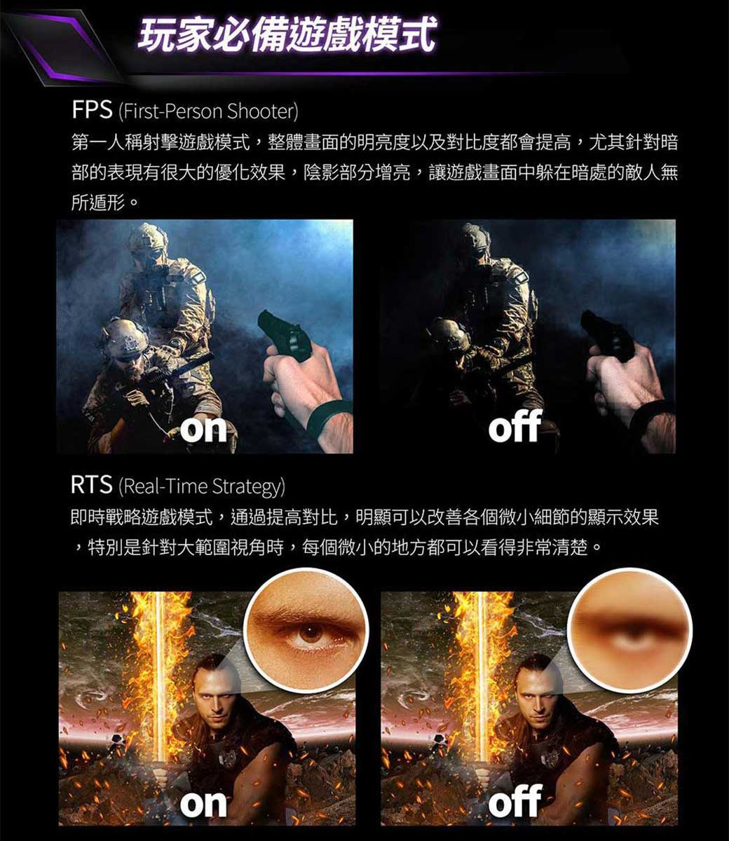 玩家必備遊戲模式FPS (First-Pers Shooter)第一人稱射擊遊戲模式整體畫面的明亮度以及對比度都會提高,尤其針對暗部的表現有很大的優化效果,陰影部分增亮,讓遊戲畫面中躲在暗處的敵人無所遁形。onRTS (Real-Time Strategy)off即時戰略遊戲模式,通過提高對比,明顯可以改善各個微小細節的顯示效果,特別是針對大範圍視角時,每個微小的地方都可以看得非常清楚。onoff