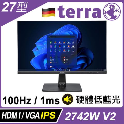 TERRA 2742W V2 硬體低藍光不閃屏螢幕(27型/FHD/喇叭/VGA/HDMI/IPS)