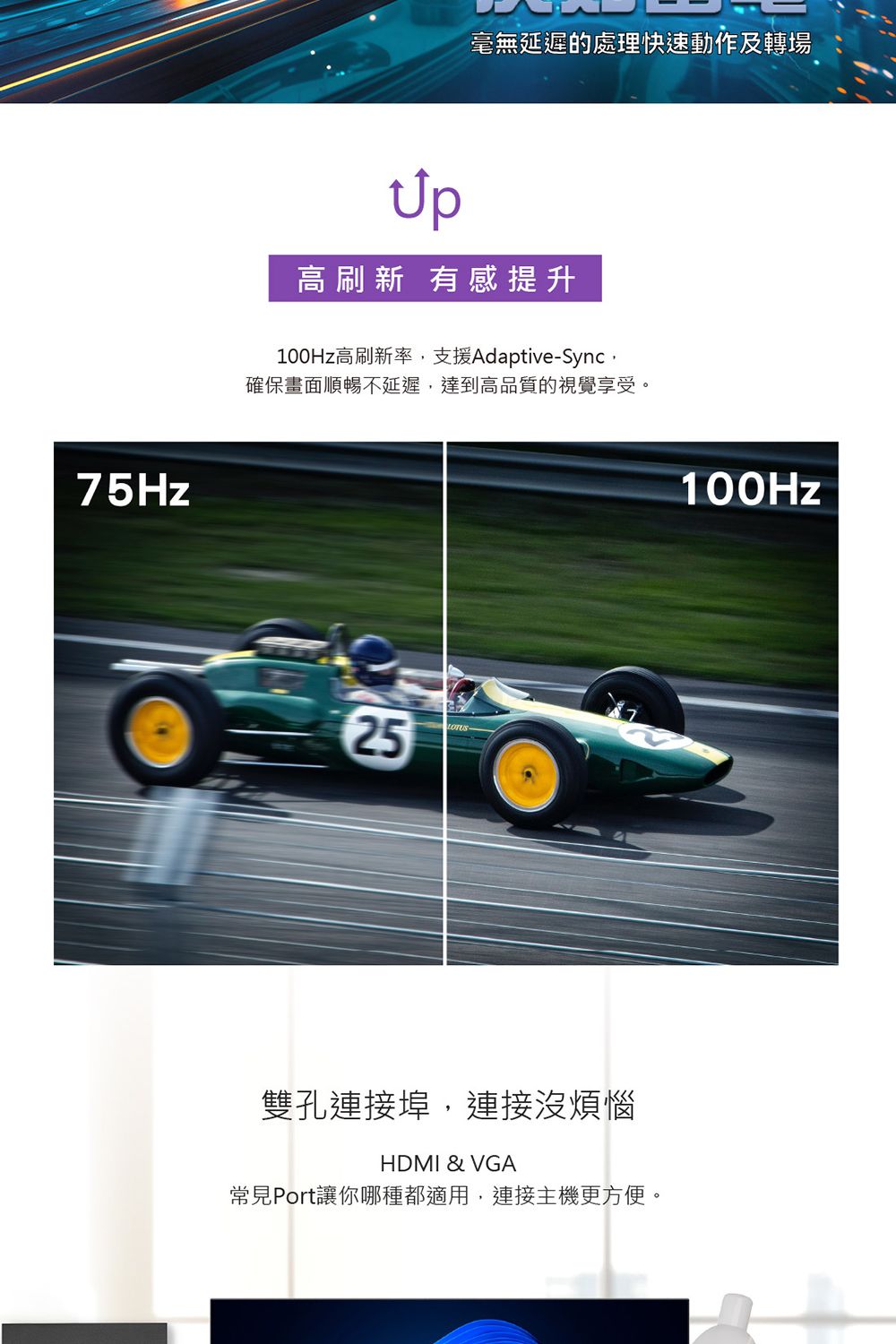 75Hz毫無延遲的處理快速動作及轉場高刷新 有感提升100Hz高刷新率支援Adaptive-Sync,確保畫面順暢不延遲,達到高品質的視覺享受。25LOTUS雙孔連接埠,連接沒煩惱HDMI & VGA常見Port讓你哪種都適用,連接主機更方便。100Hz