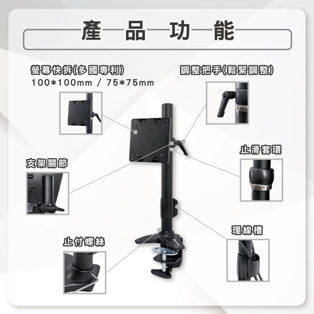 產品功能螢幕快拆(多國調整把手(鬆緊調整100*100mm/75*75mm支架關節止滑套環理線槽止付