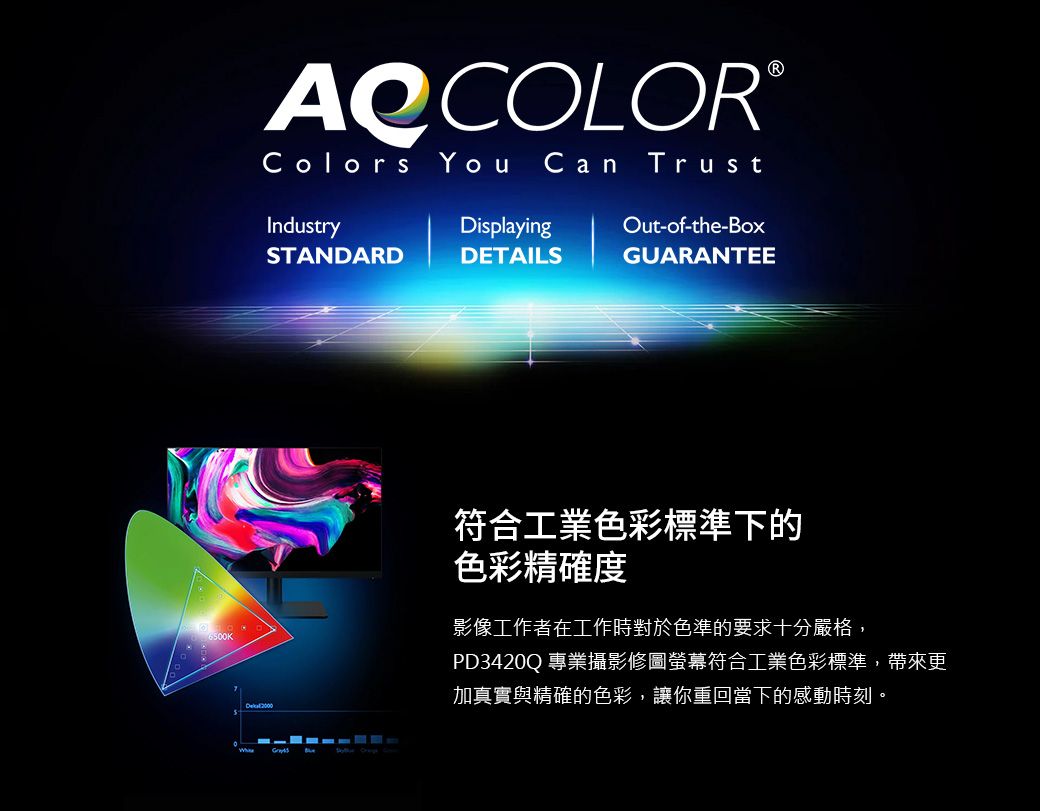 Colors You Can TrustIndustryDisplayingOut-of-the-BoxSTANDARDDETAILSGUARANTEE符合工業色彩標準下的色彩精確度影像工作者在工作時對於色準的要求十分嚴格,PD3420Q 專業攝影修圖螢幕符合工業色彩標準,帶來更加真實與精確的色彩,讓你重回當下的感動時刻。
