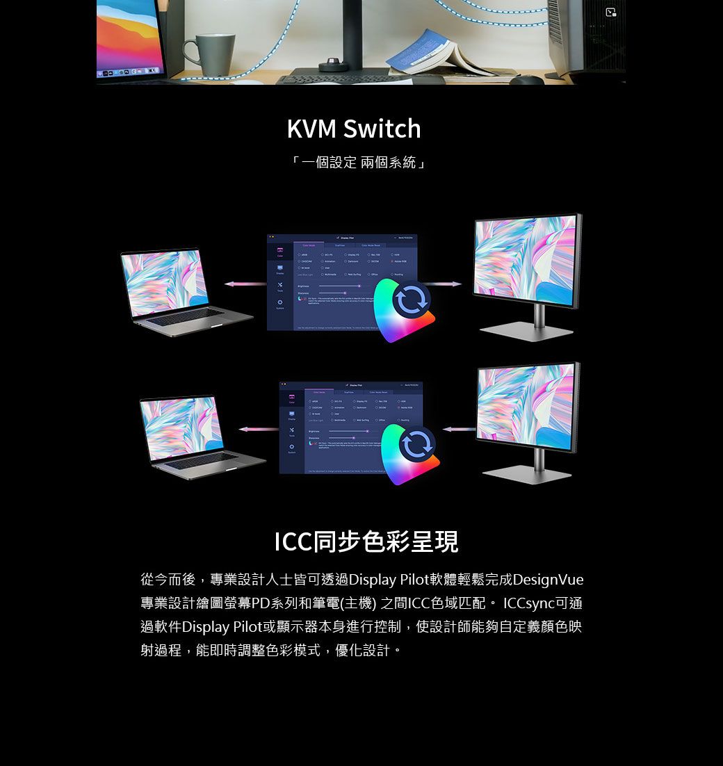 KVM Switch「一個設定 兩個系統」ICC同步色彩呈現從今而後,專業設計人士皆可透過Display Pilot軟體輕鬆完成DesignVue專業設計繪圖螢幕PD系列和筆電(主機) 之間ICC色域匹配。ICCsync可通過軟件Display Pilot或顯示器本身進行控制,使設計師能夠自定義顏色映射過程,能即時調整色彩模式,優化設計。