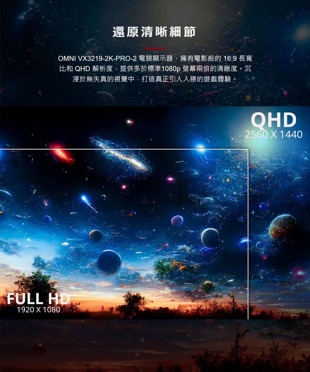 還原清晰細節OMNI VX3219-2K-PRO-2 電競顯示器,擁有電影般的16:9 長寬比和 QHD 解析度,提供多於標準1080p 螢幕兩倍的清晰度。沉浸於無失真的視覺中,打造真正引人入勝的遊戲體驗。FULL HD1920 X 1080QHD2560 X 1440